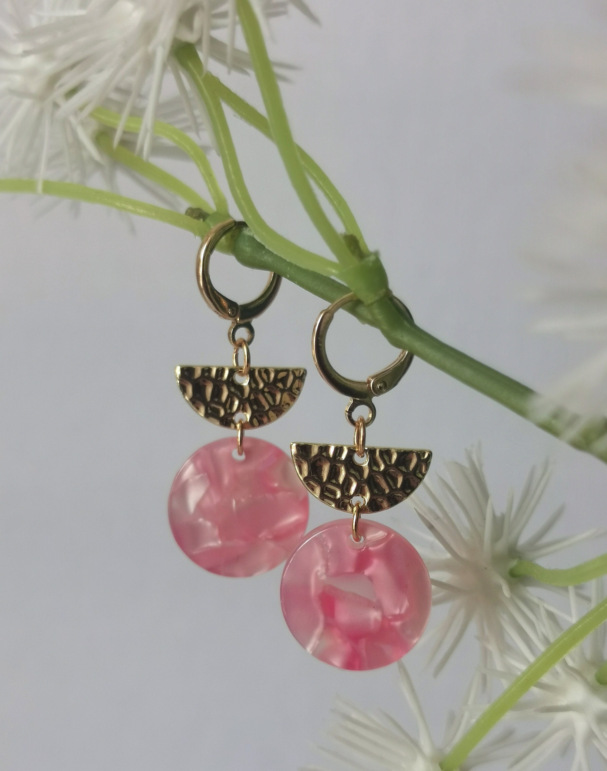 Geometric Earrings With Half Moon Textured Brass & Pink Tortoiseshell Circular Acrylic Charm 18K Gold Plated Hoop Leverback Fastening