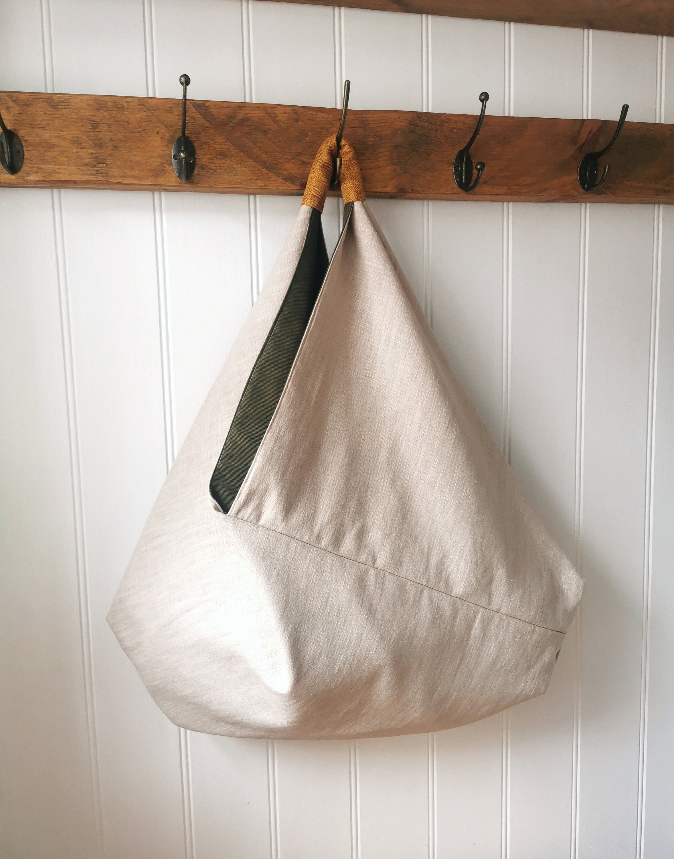 Large Natural Linen Slouchy Origami Bag With Olive Green