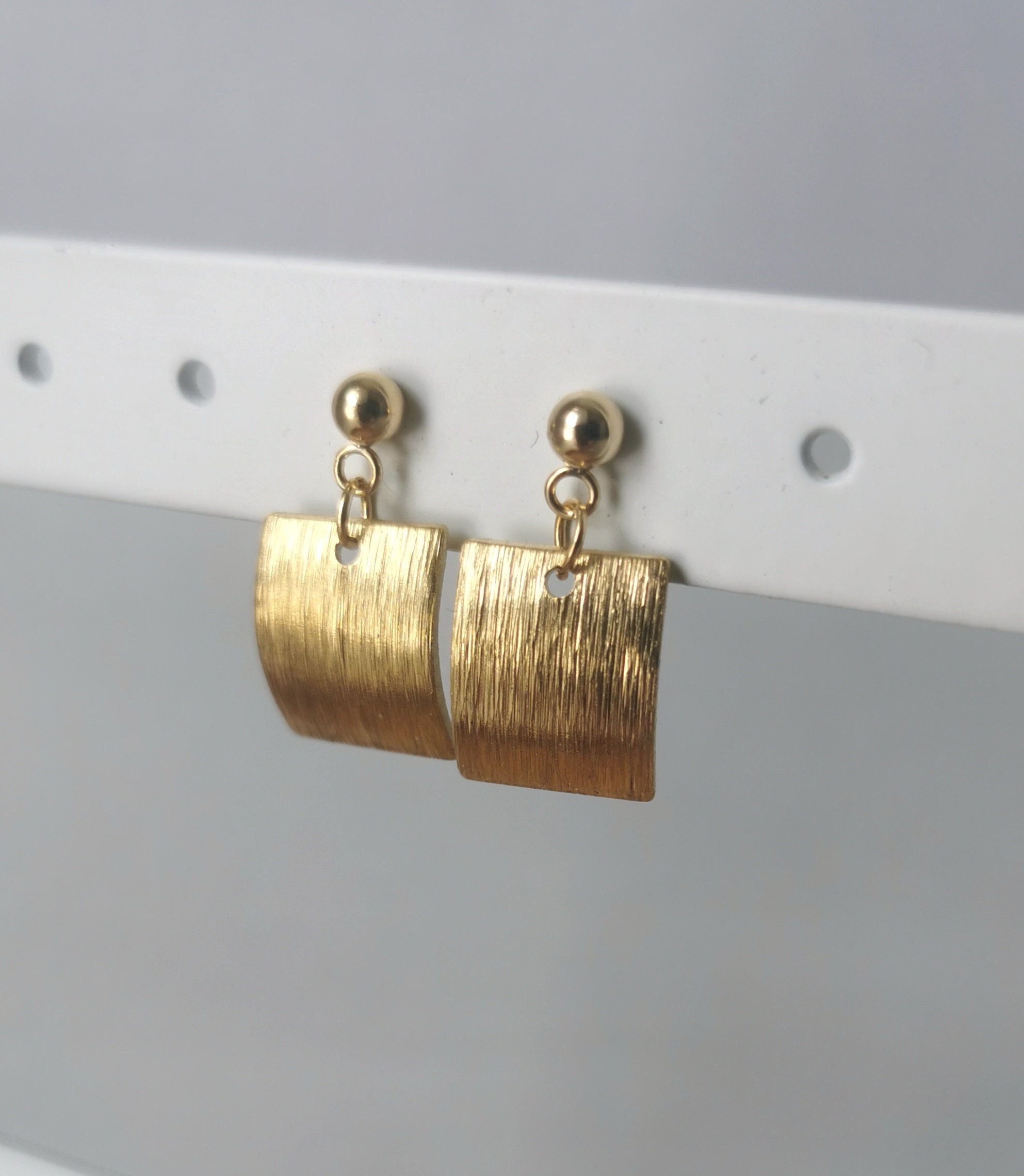 Gold Brass Geometric Earrings With Curved Textured Rectangle Charm & 18K Plated Ball Stud