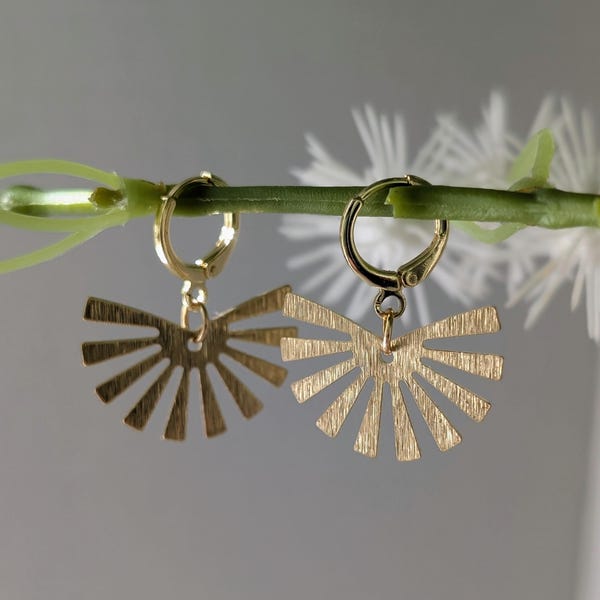 Gold Half Sun Fan Deco Earrings on an 18k Gold Plated Huggie