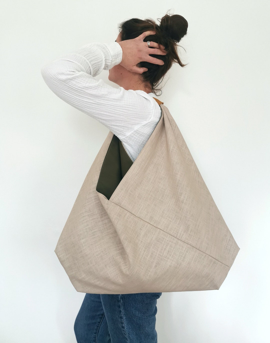 Large Natural Linen Slouchy Origami Bag With Olive Green Lining