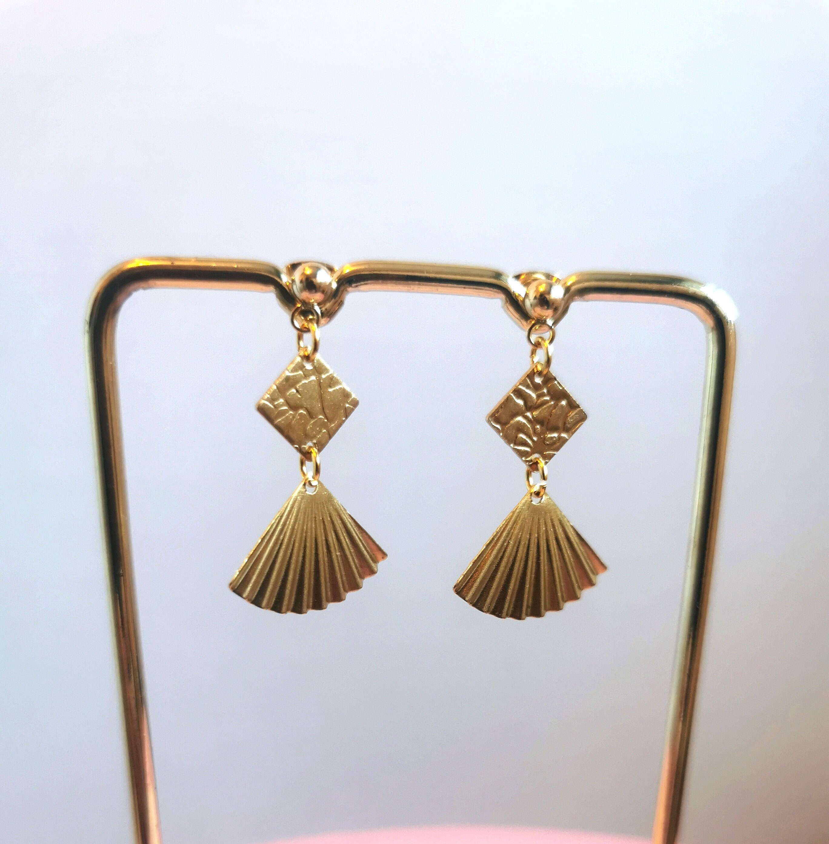 Gold Brass Art Deco Fan Earrings With Textured Rhombus Charm & 18K Plated Ball Stud Post