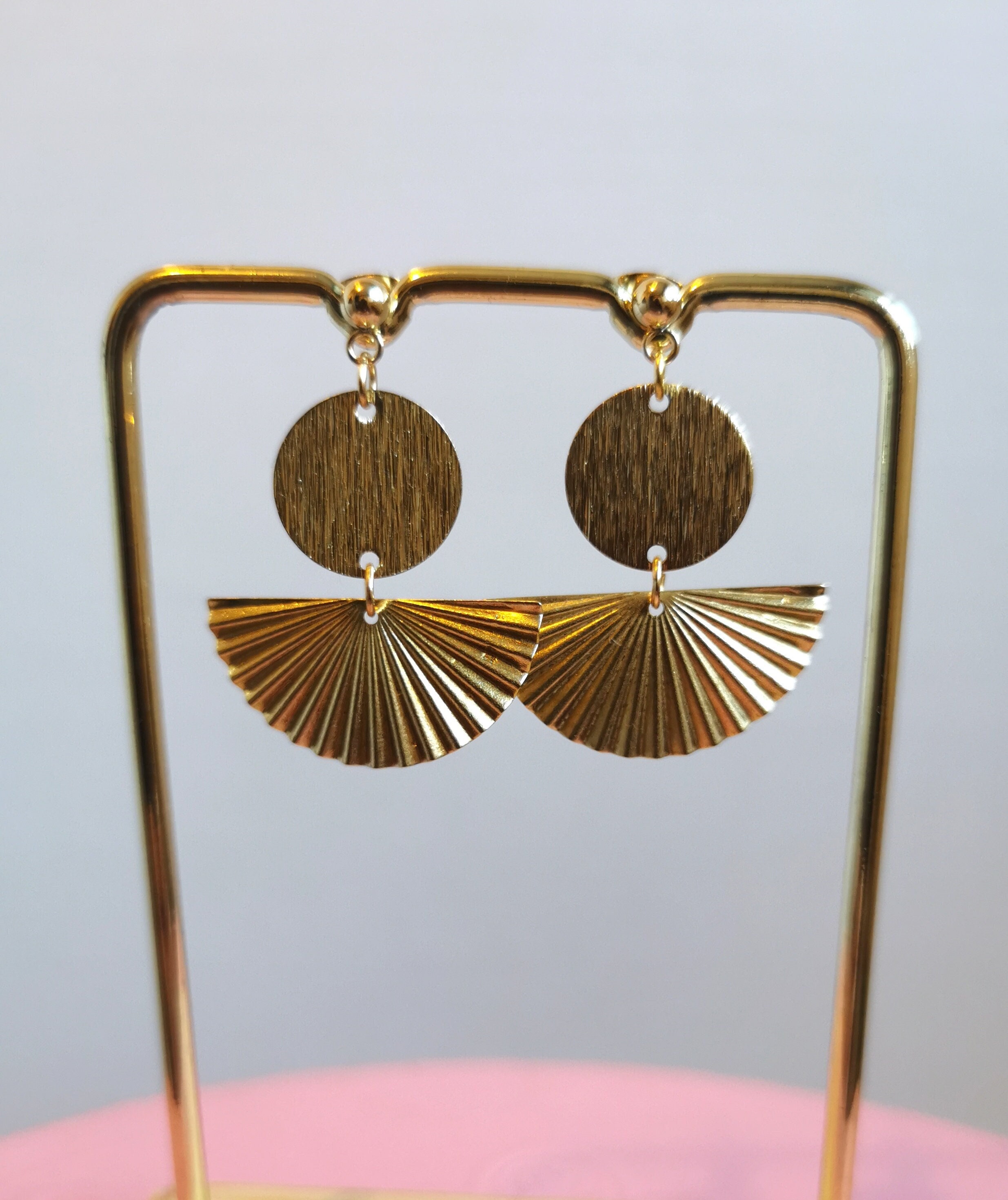 Art Deco Gold Fan Earrings With Textured Brass Circle Charm & 18K Plated Ball Stud Post