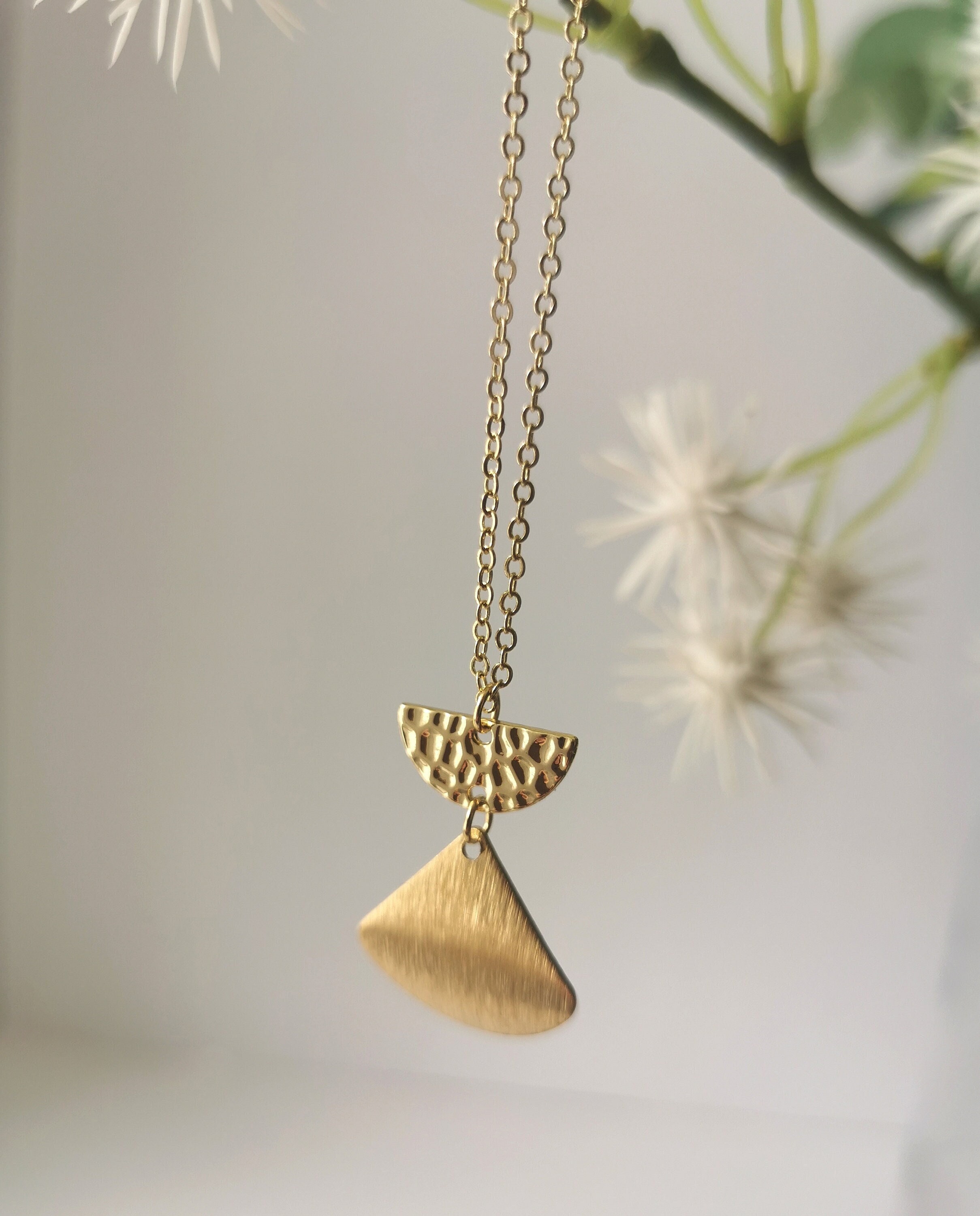 Geometric Art Deco Inspired Necklace With Half Moon Textured Brass & Curved Fan Charm On A Gold Plated Fine Chain