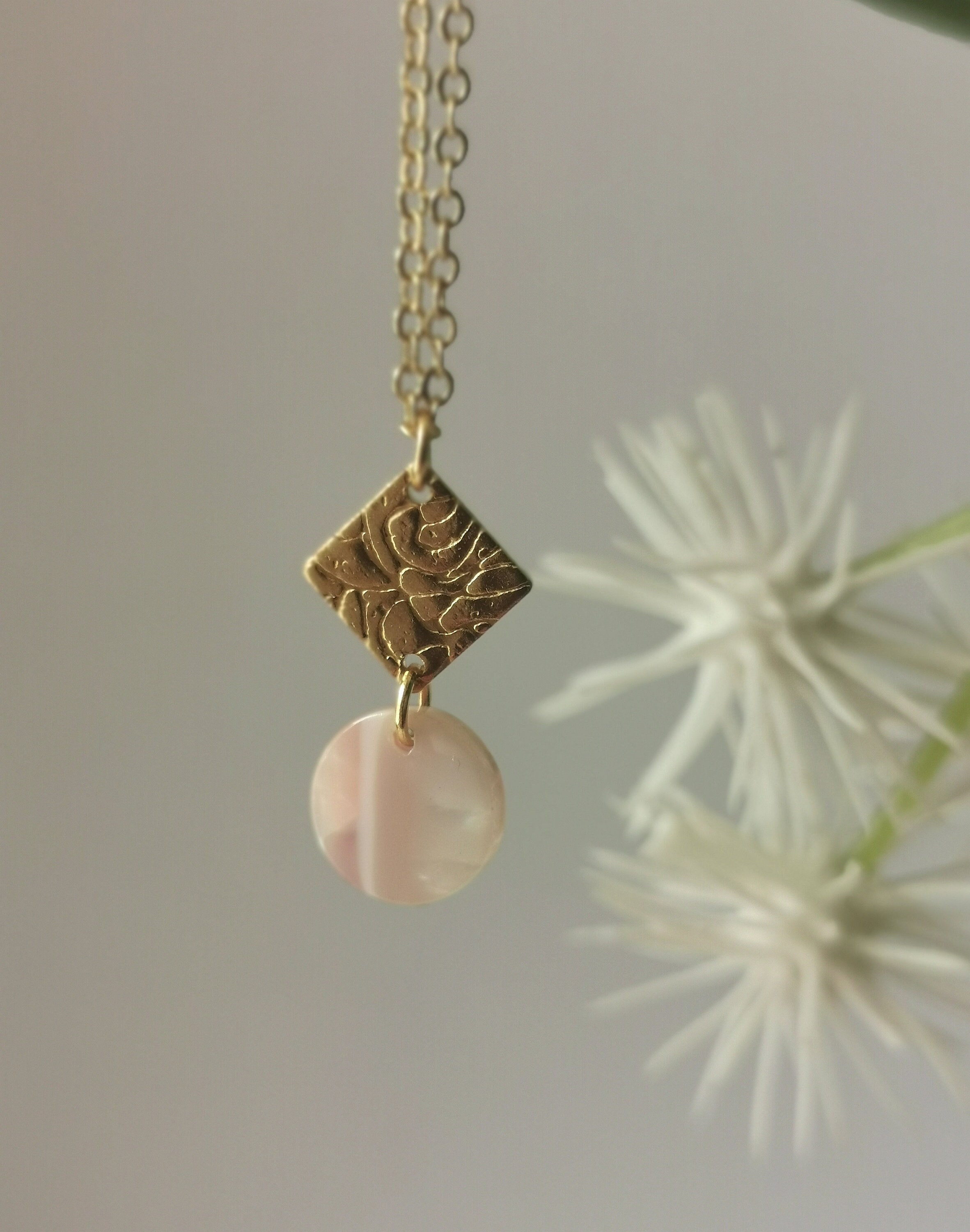 Dainty Geometric Minimalist Necklace With Half Moon Textured Brass Charm & Blush Pink Tortoiseshell On A Gold Plated Fine Chain