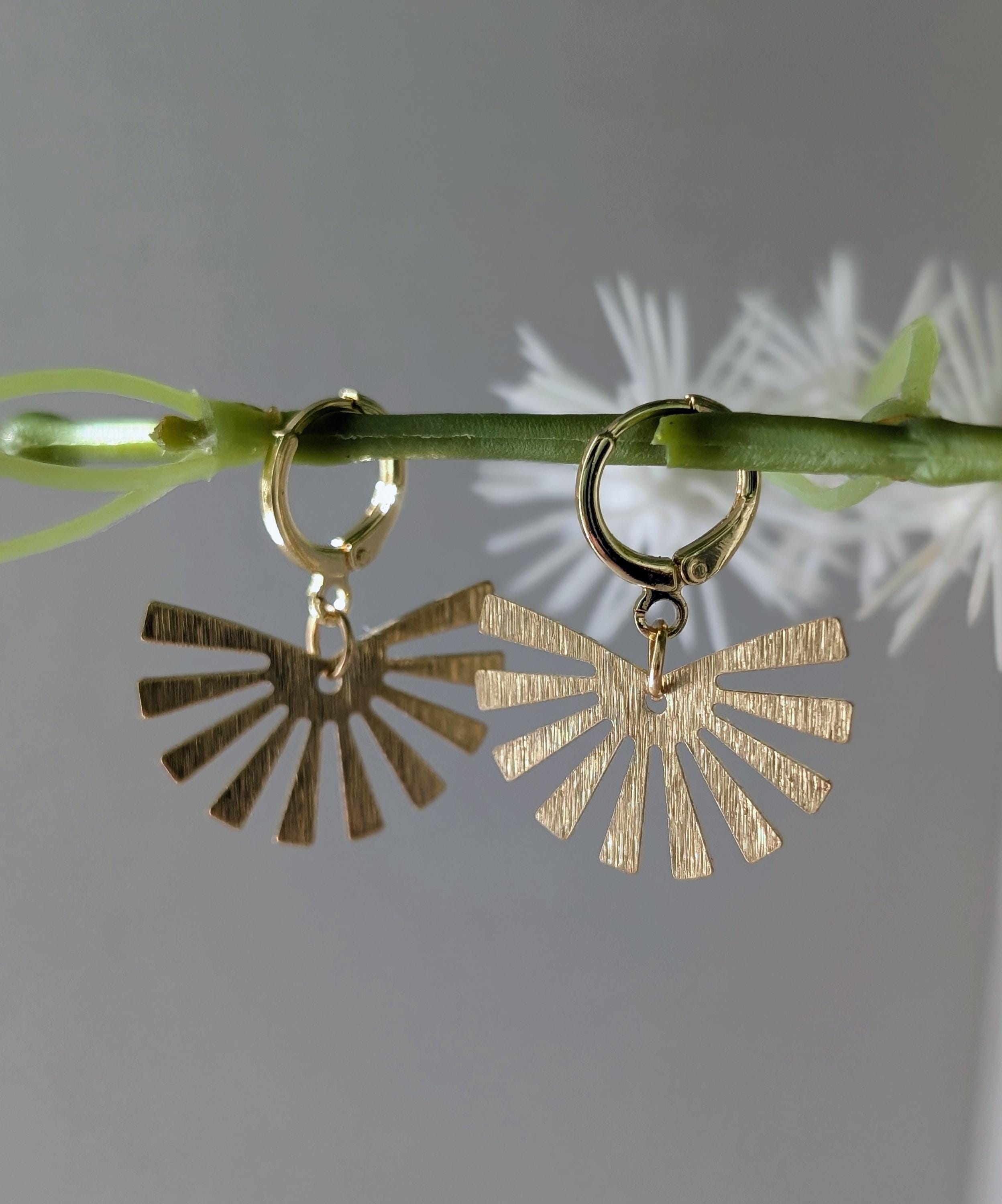 Sunburst earrings, sun ray earrings, golden earrings with  Anthro eunique sun Gold Fan-Shaped Earrings main image 1