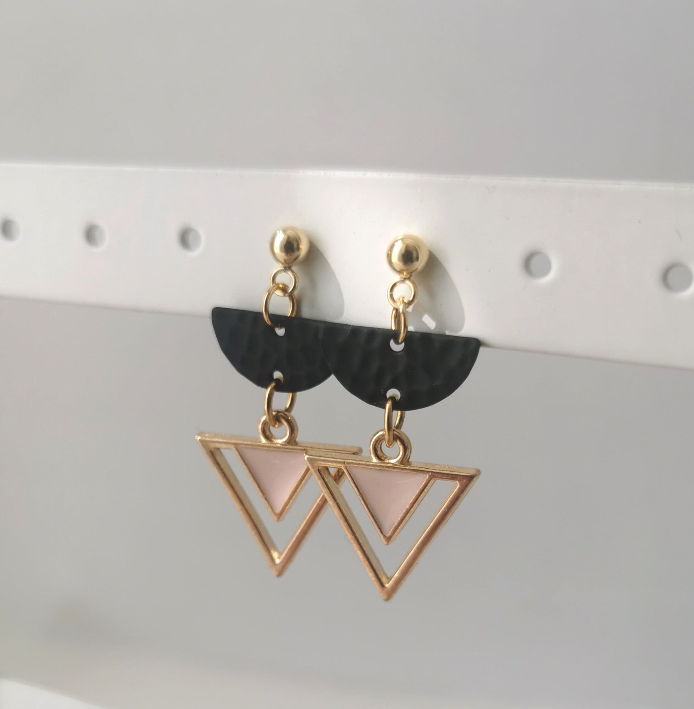 Gold Art Deco Inspired Triangle Earrings With Pale Pink Enamel Centre & Black Half Moon Hammered Charm 18K Plated Ball Stud Post