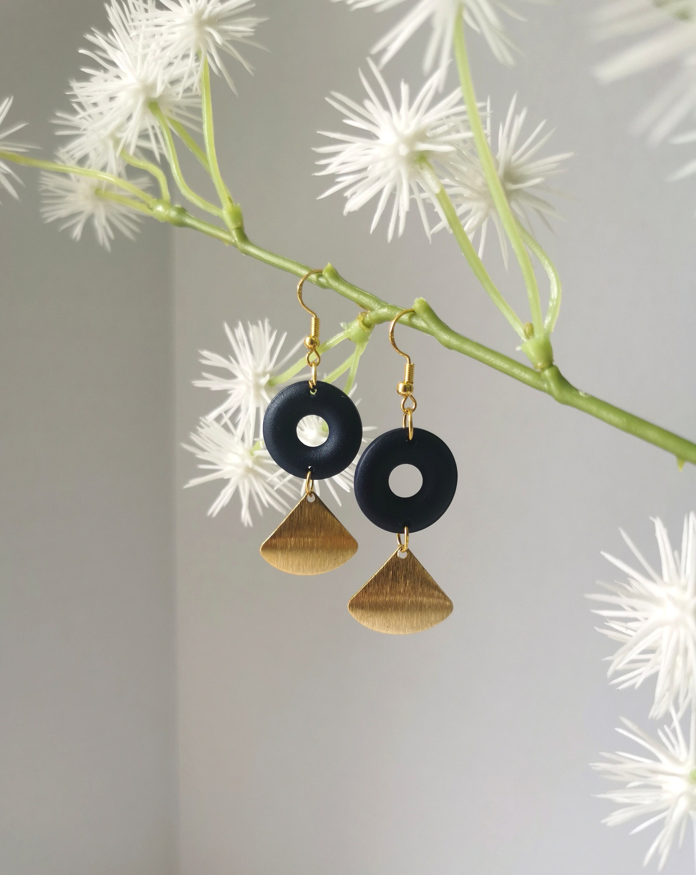 Beautiful Geometric Earrings With Dark Navy Wooden Doughnut Ring & Textured Brass Curved Charm