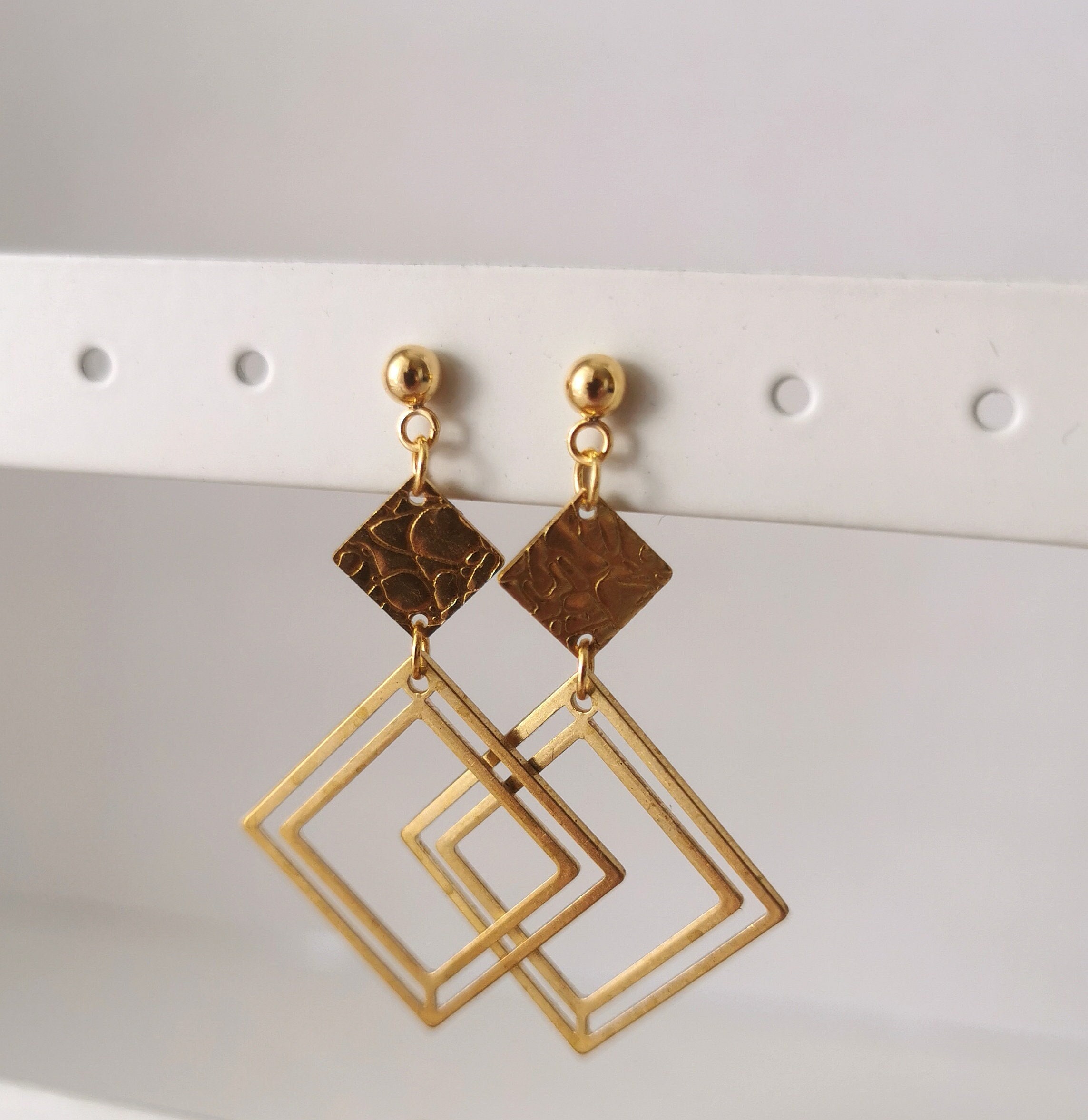 Gold Brass Art Deco Cut Out Rhombus & Textured Earrings With 18K Plated Ball Stud Post