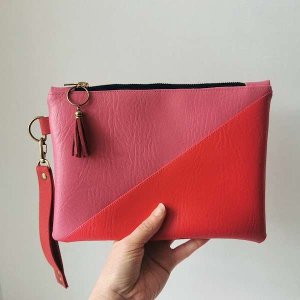 Vegan Leather Asymmetric Clutch Purse in Two Tone Pink and Red with Faux Suede Detachable Handle Strap