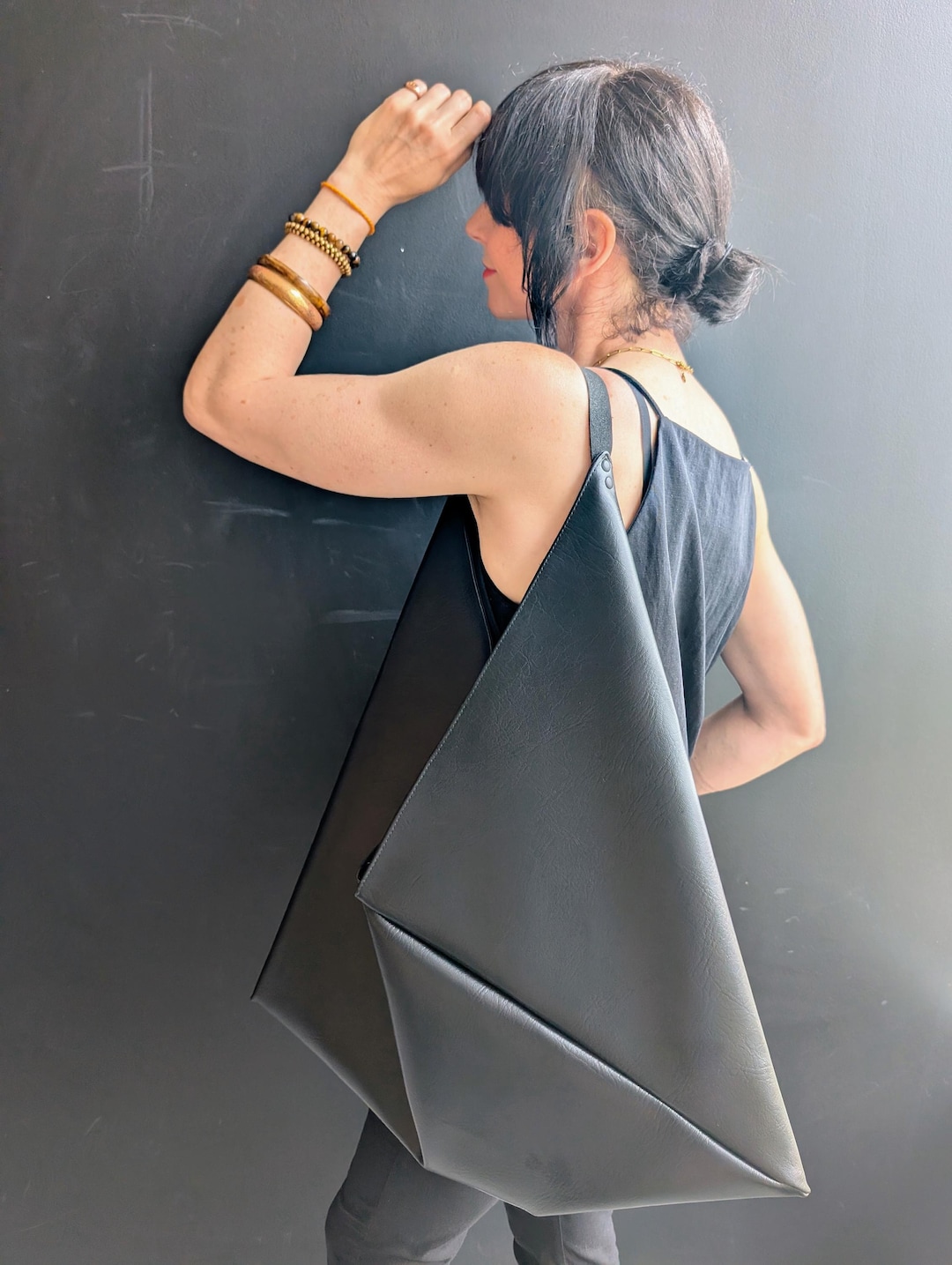 Black Vegan Leather Origami Bag With Faux Suede Straps and Gold