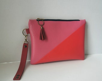 Vegan Leather Asymmetric Clutch Purse in Two Tone Pink and