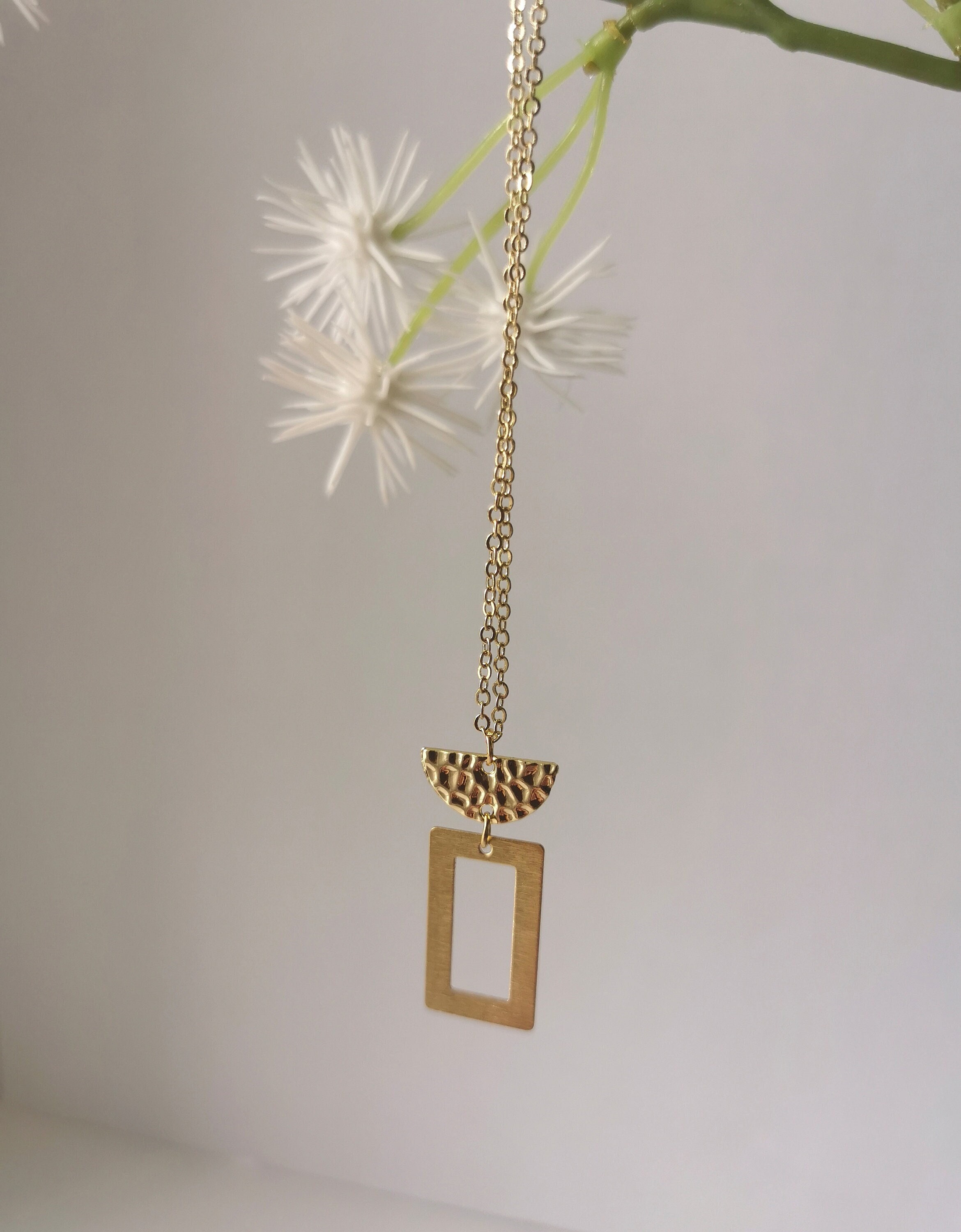 Geometric Minimalist Gold Necklace With Half Moon Textured Brass Charm & Rectangle On A Plated Fine Chain