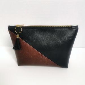Vegan Leather Asymmetric Two Tone Make Up Bag in Chestnut Brown and Black