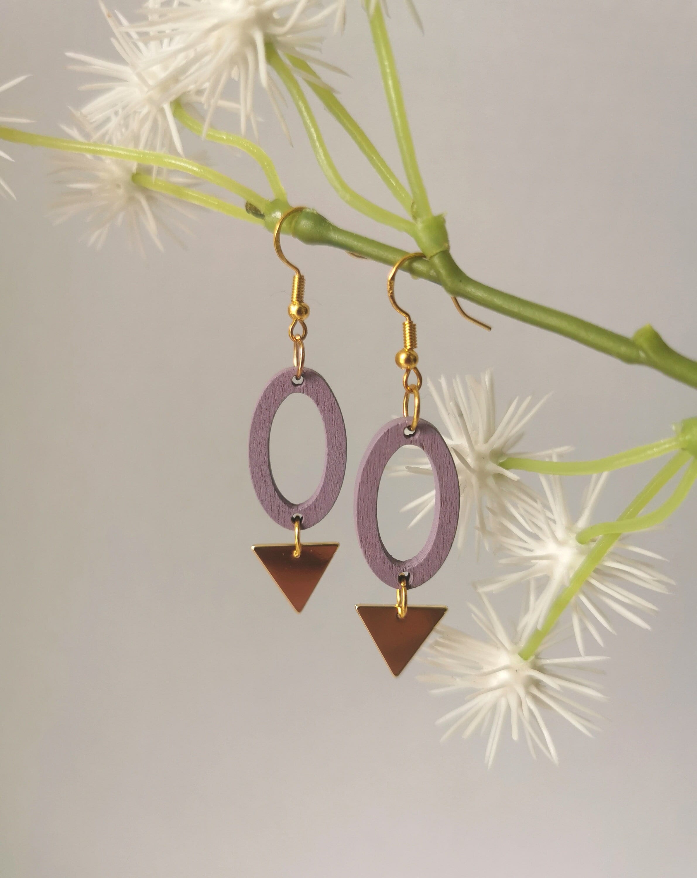 Pretty Geometric Earrings With Lilac Wooden Oval & Gold Plated Triangle Charm