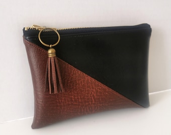 Vegan Leather Asymmetric Two Tone Purse Pouch in Chestnut Brown and Black