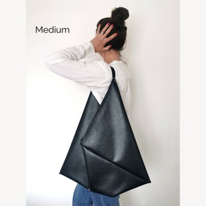 Black Vegan Leather Origami Bag with Faux Suede Straps and Gold Half Moon Charm image 2