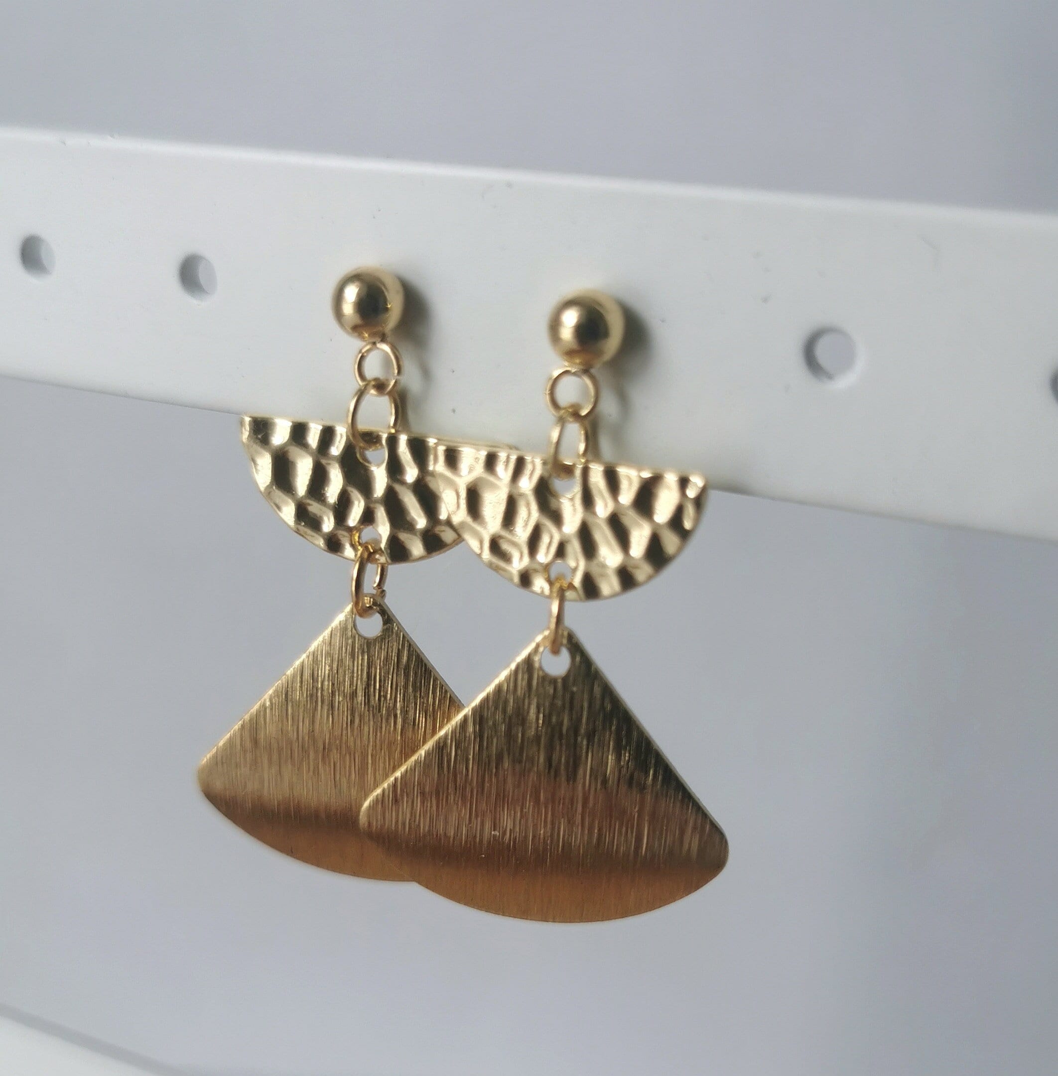 Gold Brass Curved Fan Textured Earrings With Hammered Plated Half Moon Charm & 18K Ball Stud