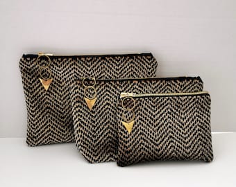 Black and Gold Luxurious Art Deco Thick Textured Velvet Pouch Purse in Three Size Options