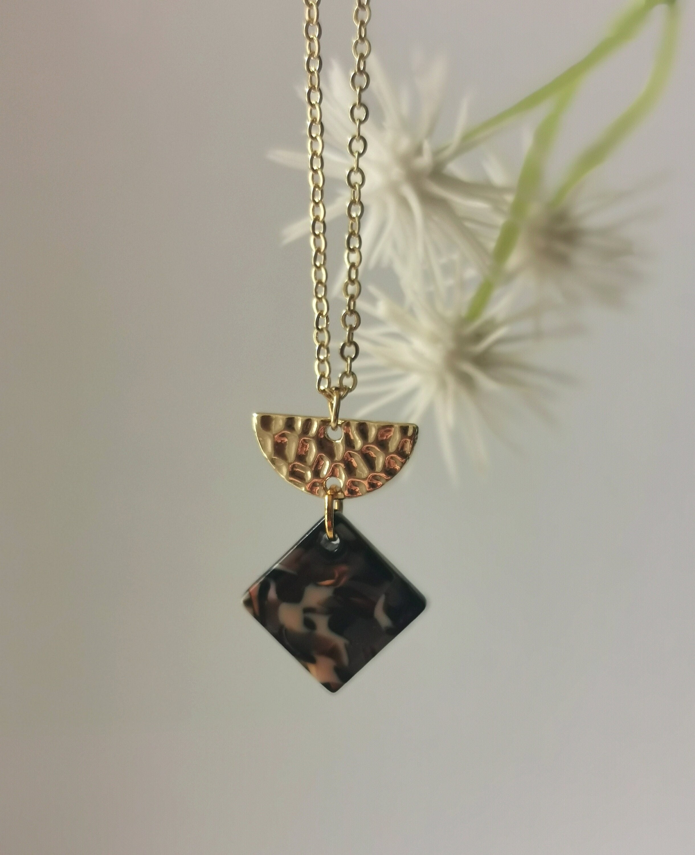 Geometric Art Deco Inspired Necklace With A Half Moon Textured Brass & Black Cream Tortoiseshell Rhombus Charm Gold Plated Fine Chain