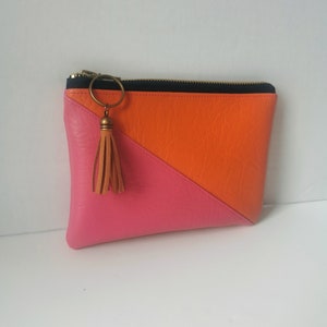 Vegan Leather Asymmetric Two Tone Purse Pouch in Pink and Orange