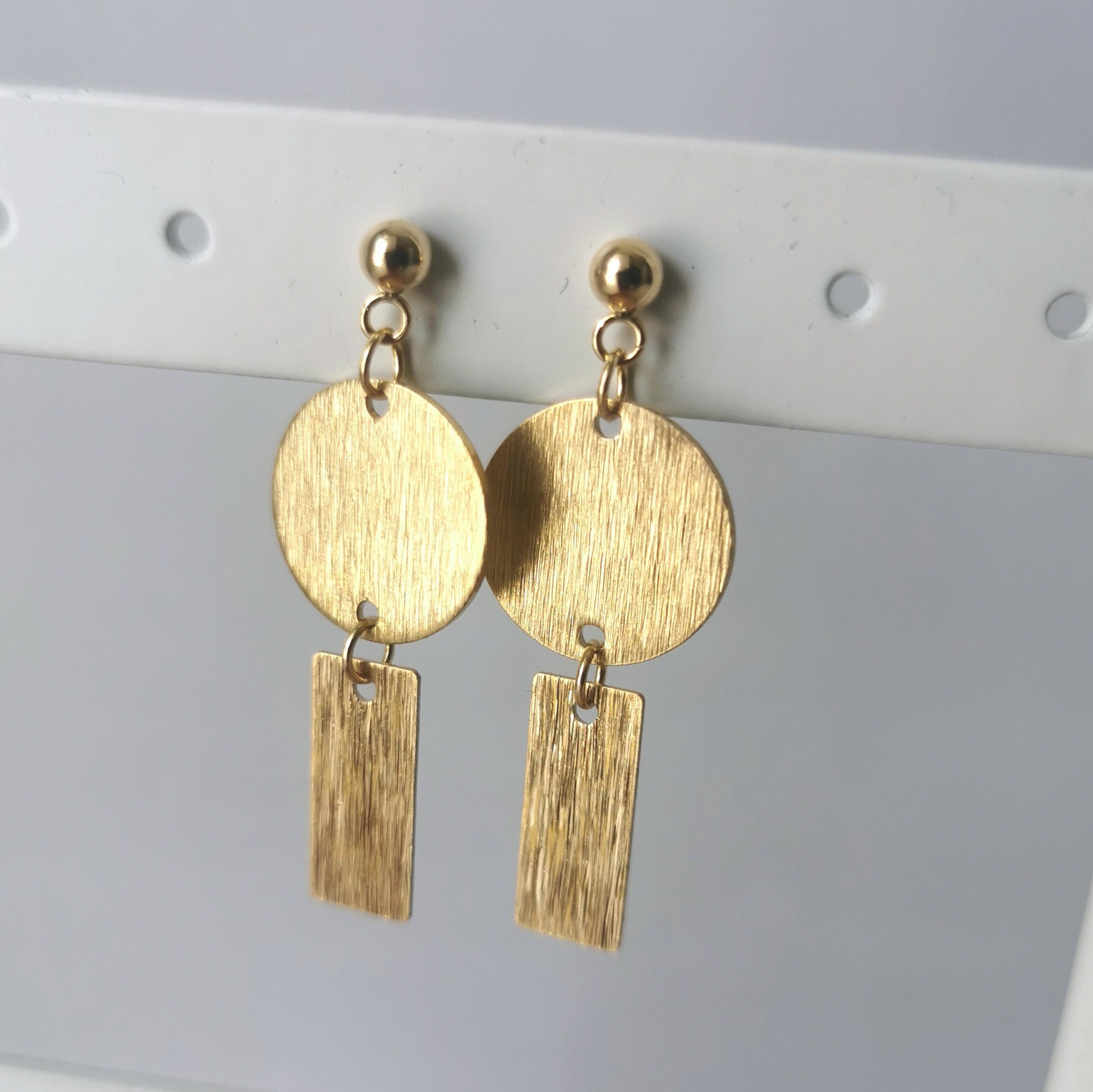 Gold Brass Geometric Earrings With Textured Circle & Rectangle Charm 18K Plated Ball Stud