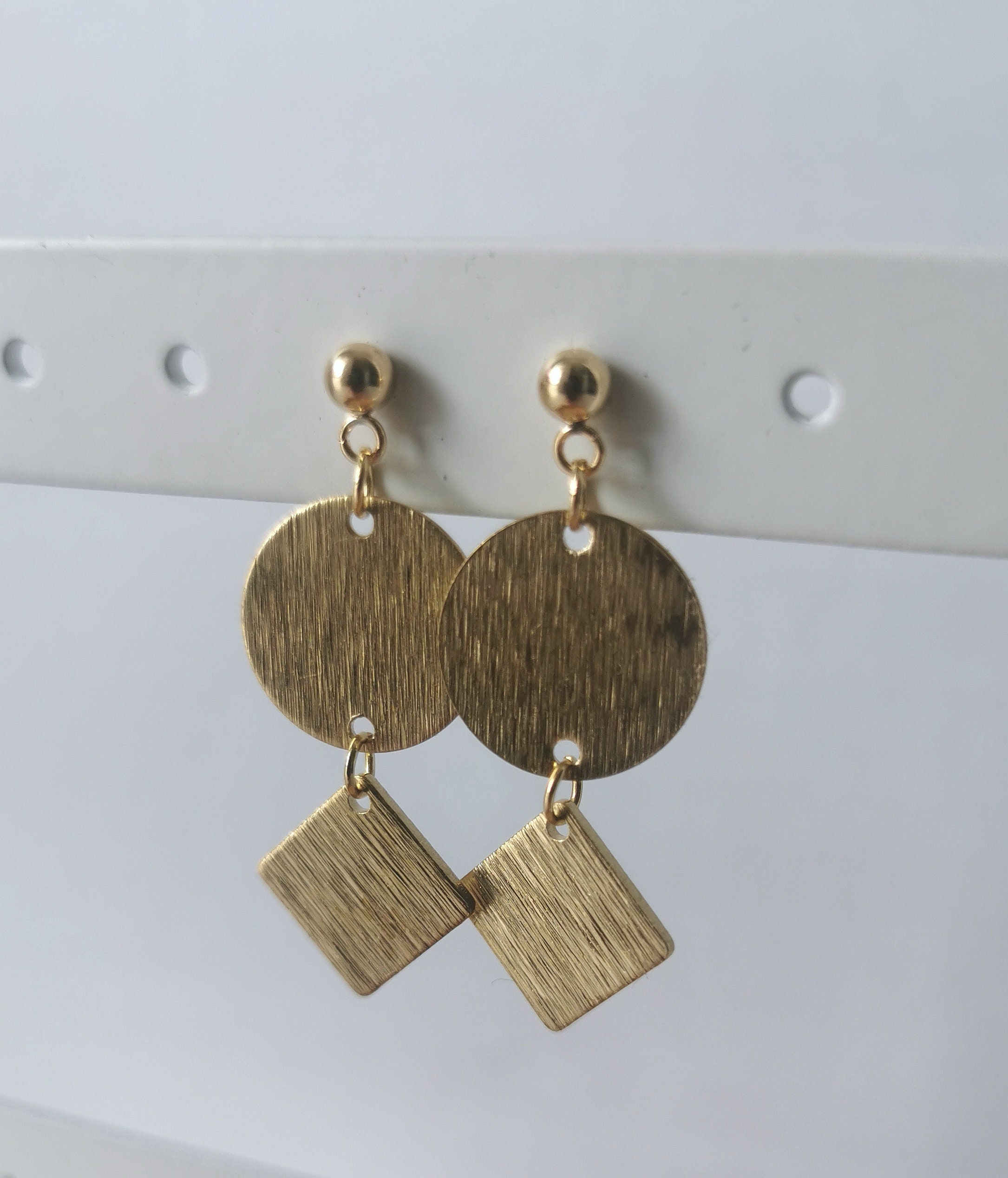 Gold Brass Geometric Earrings With Textured Circle & Rhombus Charm 18K Plated Ball Stud