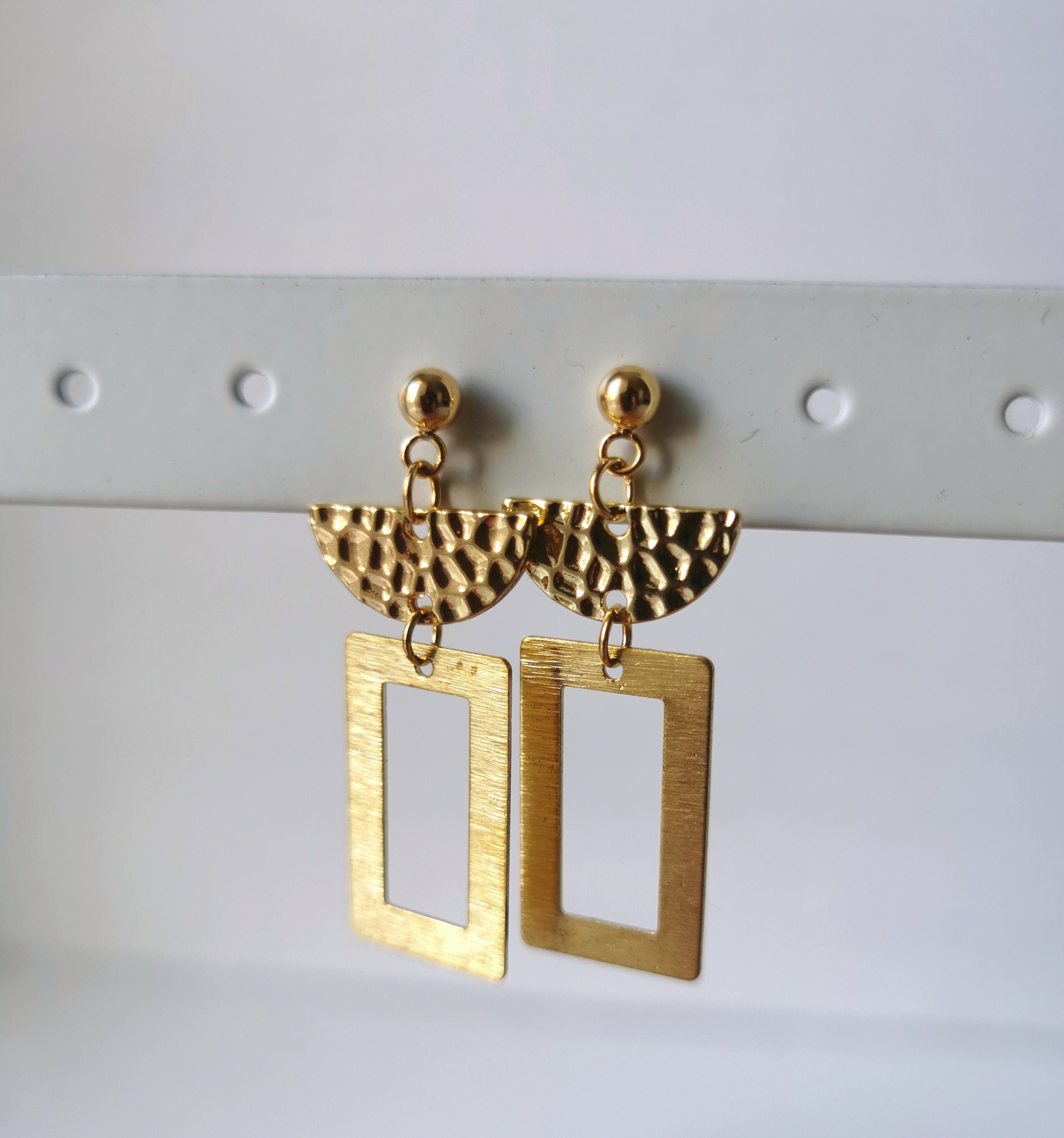 Gold Brass Minimalist Cut Out Rectangle & Half Moon Hammered Goldplated Charm With 18K Plated Ball Stud Post