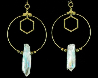 Antique brass bee hive hexagon angel aura quartz crystal oddity occult witch hoop earrings