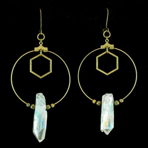Quartz crystal earrings, antique brass earrings, iridescent quartz crystals, geometric hexagon charm jewelry, crystal bee hive hoop earrings