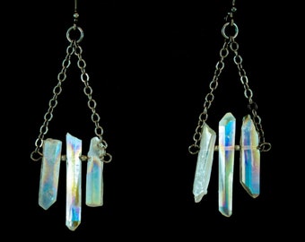 Gunmetal Engel Aura Quarz Kristall Ohrringe