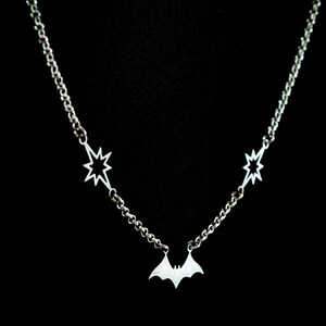Dainty little bat & star necklace, antique silver necklace, Halloween bat charm necklace, spooky celestial bat necklace, witchy star jewelry