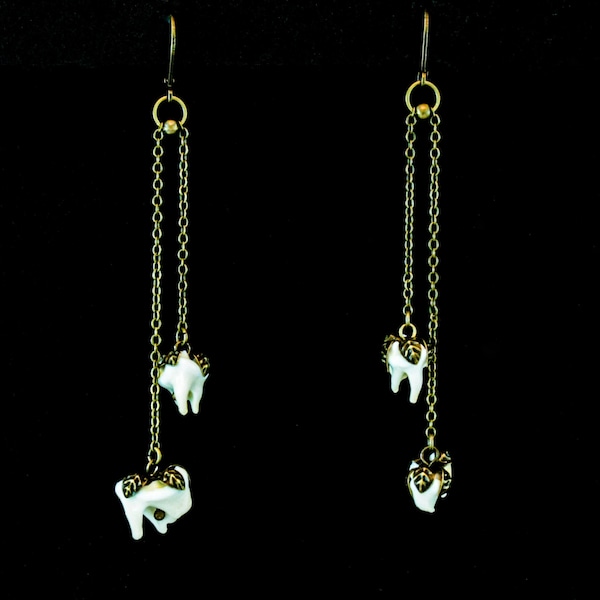 Real coyote tooth earrings, antique brass earrings, animal bone jewelry, taxidermy earrings, brass leaf earrings, taxidermy jewelry, bone