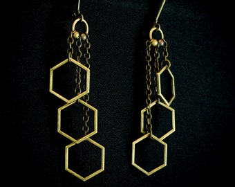 Antique brass bee hive hexagon geometric oddity dangle earrings