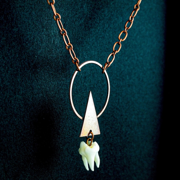 raccoon tooth necklace, antique copper necklace, geometric jewelry, taxidermy necklace, animal bone jewelry, tooth jewelry, oddity necklace