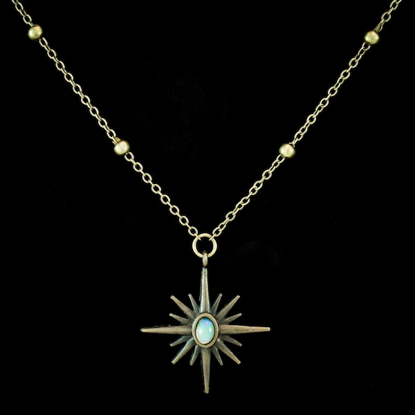 Collier art déco opale starburst, collier en laiton antique, véritables bijoux en opale de feu welo, collier de pierres précieuses opale, bijoux en pierre starburst