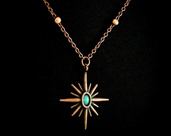 Antique copper real opal celestial starburst art deco charm necklace for witches