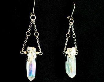 Antik Silber Engel Aura echte Quarz Kristall Ohrringe mit Blumen Details für Hexen