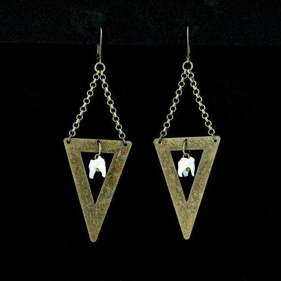 Antique brass genuine taxidermy raccoon tooth animal bone triangle charm occult oddity gothic earrings for witches