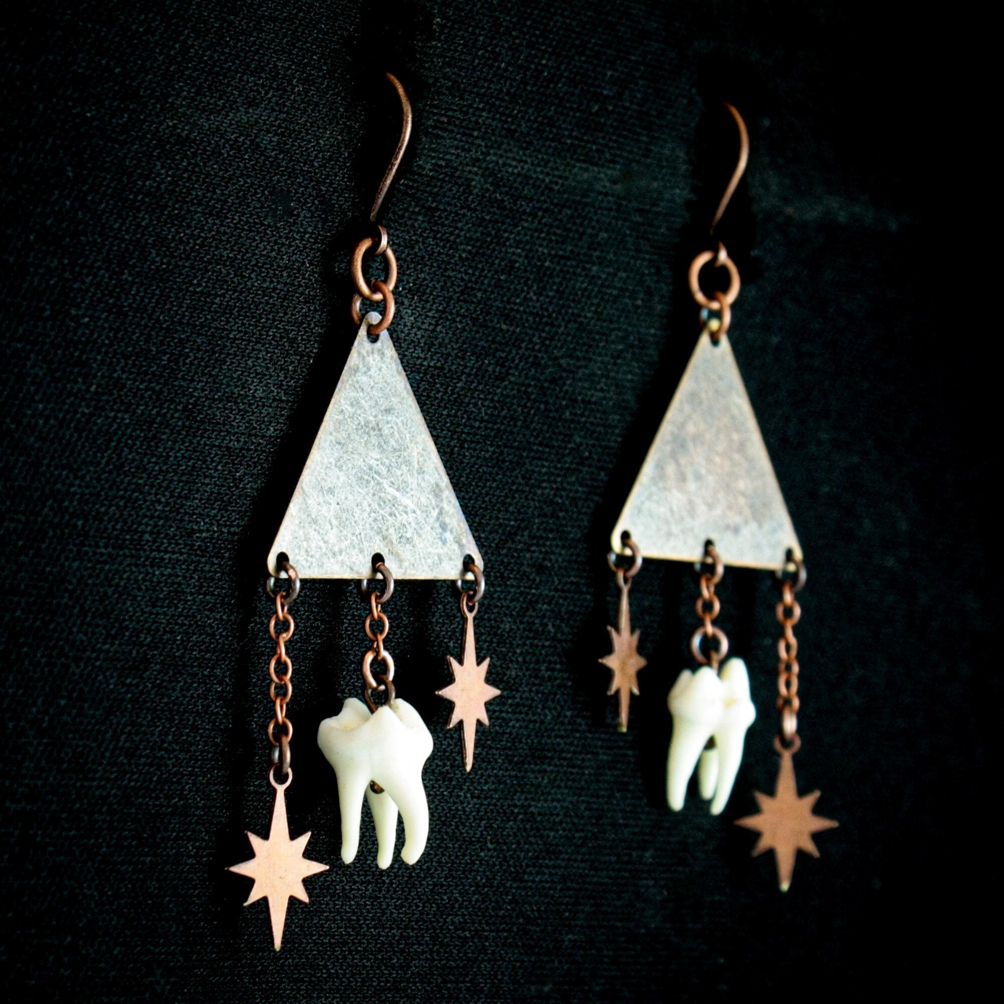 Art deco star taxidermy earrings, raccoon tooth earrings, animal tooth jewelry, star earrings, animal bone jewelry, geometric star earrings