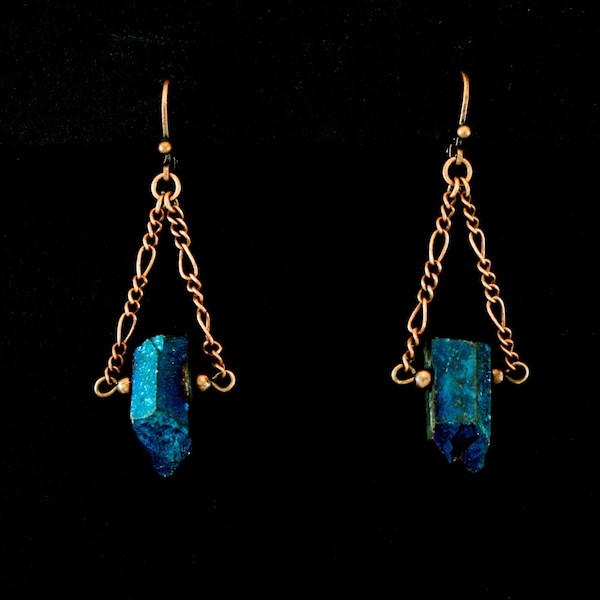 blue quartz point earrings, quartz crystal jewelry, antique copper metal, leverback earrings, crystal chain earrings, antique copper jewelry