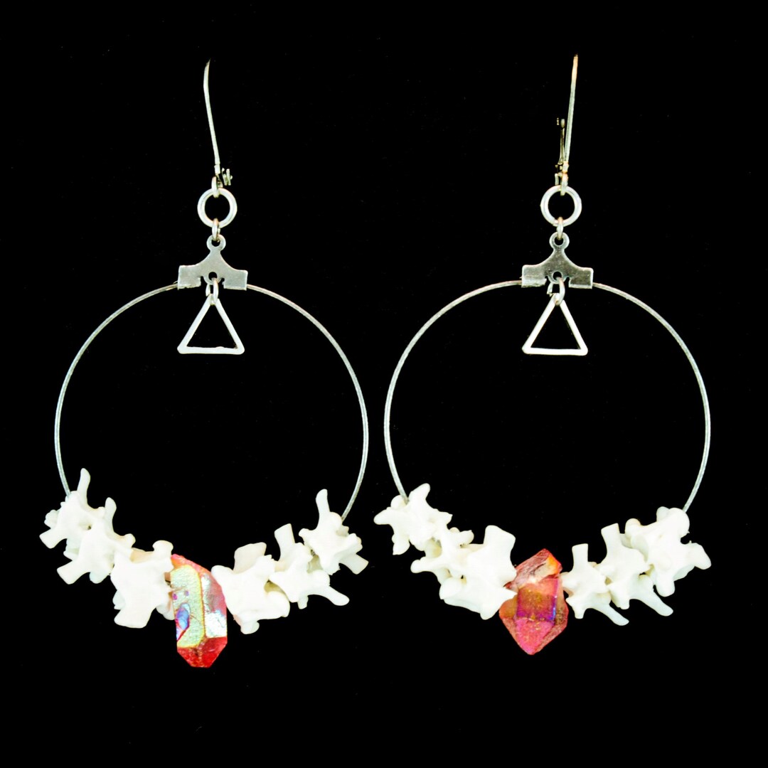 Real Snake Vertebrae Quartz Crystals Antique Silver Earrings Etsy