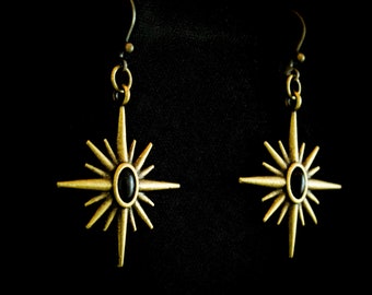 Antique brass art deco black star diopside gemstone starburst gothic oddity charm earrings for witches