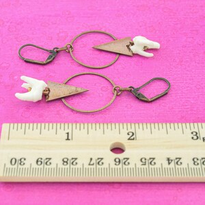 Puede incluir: Un par de pendientes con un dije de diente blanco y un colgante de tri&aacute;ngulo de cobre que cuelga de un aro de bronce. Los pendientes se muestran sobre un fondo rosa con una regla para la escala.