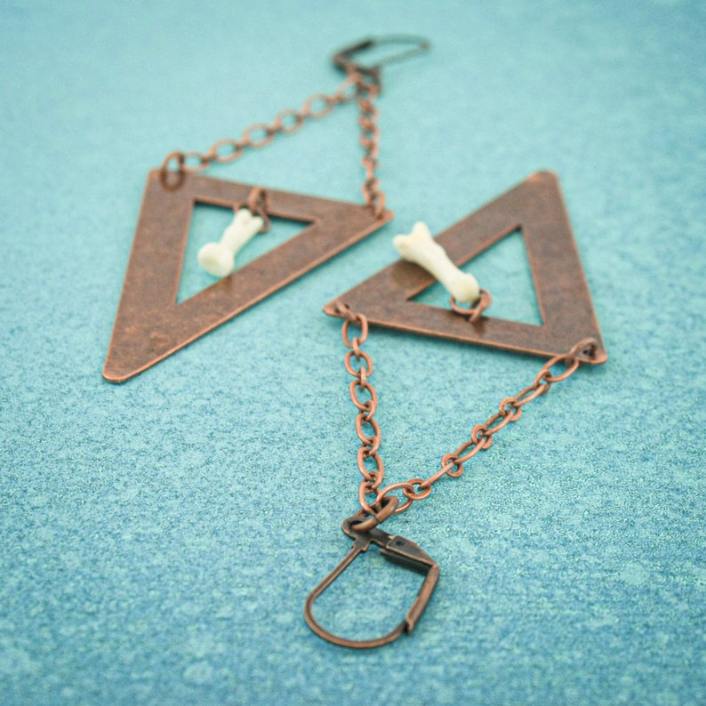 Animal bone earrings antique copper earrings taxidermy jewelry geometric jewelry real bone earrings oddity jewelry triangle earrings