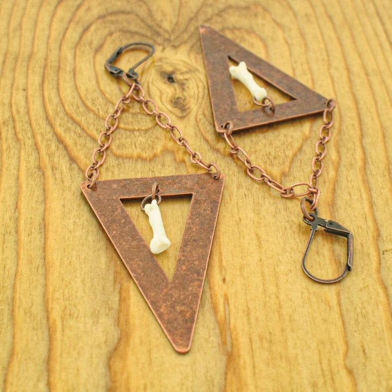Animal bone earrings antique copper earrings taxidermy jewelry geometric jewelry real bone earrings oddity jewelry triangle earrings