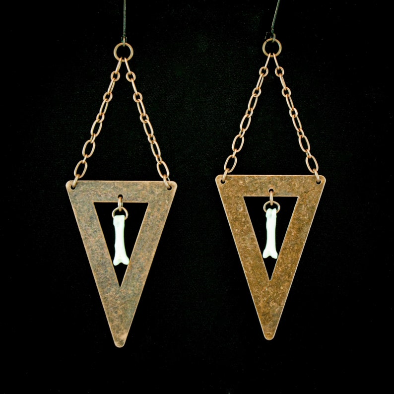Animal bone earrings antique copper earrings taxidermy jewelry geometric jewelry real bone earrings oddity jewelry triangle earrings