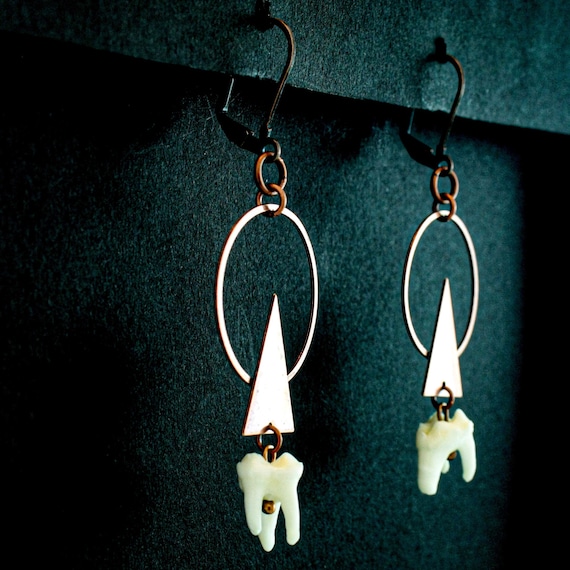 Antique copper genuine animal bone raccoon tooth geometric triangle charm oddity occult earrings
