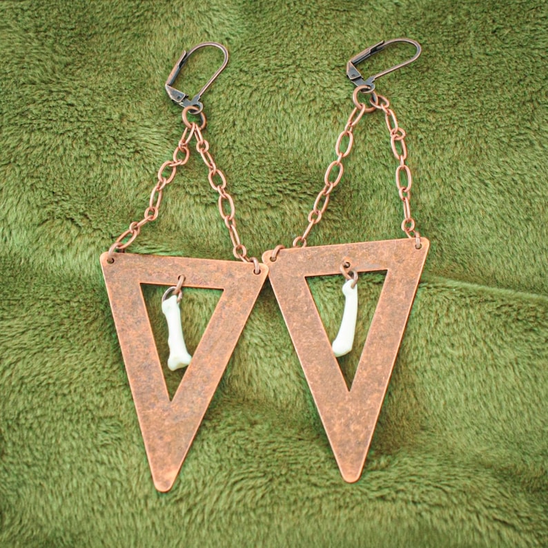 Animal bone earrings antique copper earrings taxidermy jewelry geometric jewelry real bone earrings oddity jewelry triangle earrings