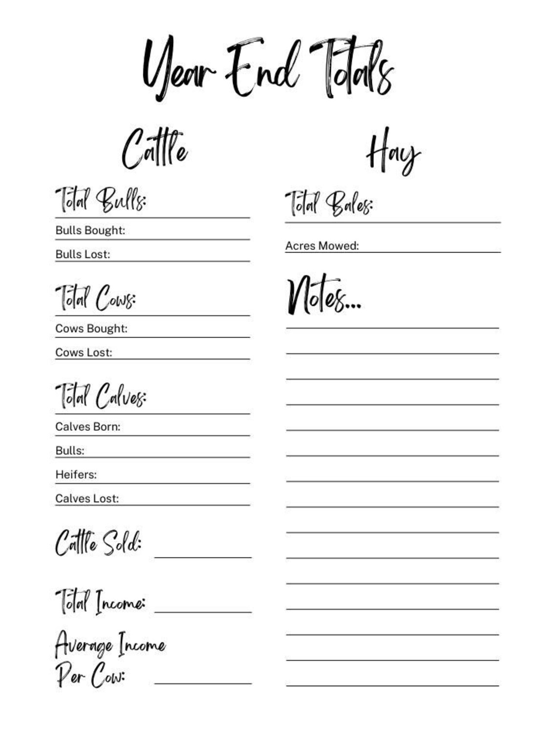 FILLABLE End of Year Farm Planner | Cattle and Hay Tracker | Farm ...